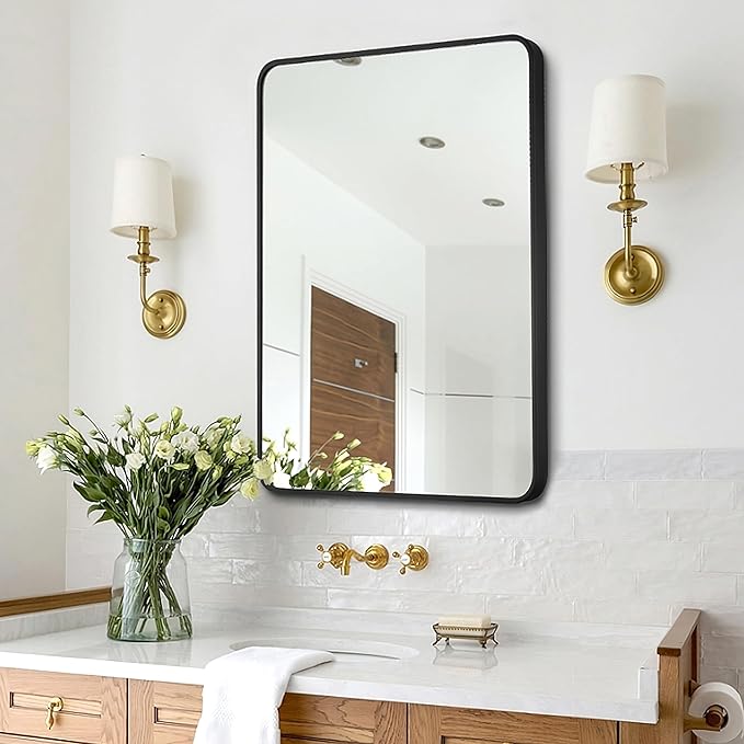 24x36 Inch Rectangle Bathroom Mirror with Black Metal Frame, Rounded Corner Rectangular Vanity Mirror for Wall, Modern Large for Bedroom, Living Room, Horizontal or Vertical