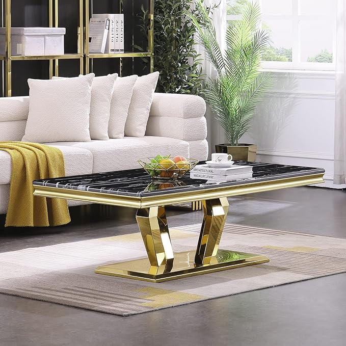 ACEDÉCOR Gold Coffee Table, 48 inch Rectangle Living Room Coffee Table with Polished Geometric Base, Black and Gold Tea Table for Home, Office, Reception Room