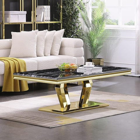 ACEDÉCOR Gold Coffee Table, 48 inch Rectangle Living Room Coffee Table with Polished Geometric Base, Black and Gold Tea Table for Home, Office, Reception Room