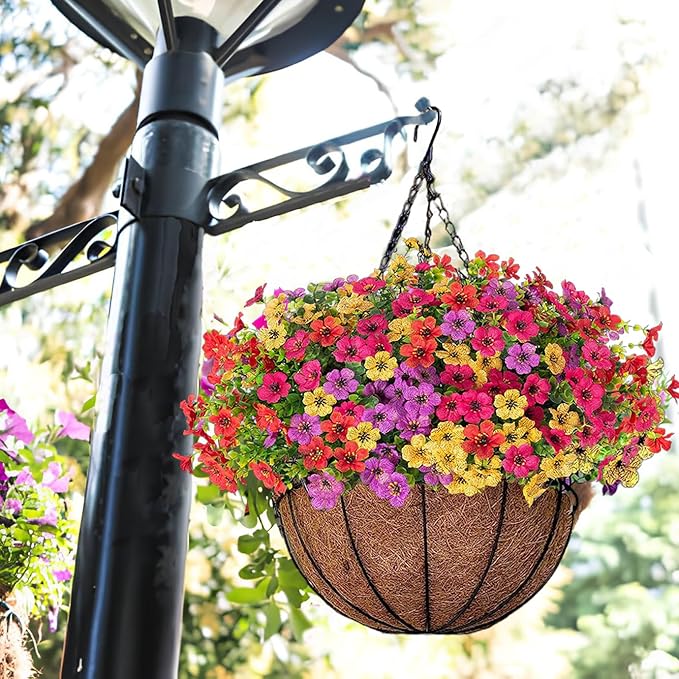 Orgrimmar Artificial Hanging Flowers Basket Outdoor Fake Hanging Plants UV Resistant Realistic Silk Flowers Eucalyptus in Coconut Lining Baskets for Home Porch Balcony Patio Yard Muti-Color