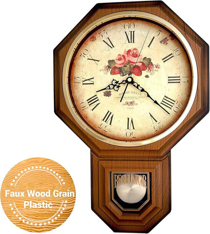JUSTIME Traditional Schoolhouse Classic Vintage Rose Regulator Wall Clock, Chiming Wall Clocks with Pendulum & Westminster Chime Hourly, Schoolhouse Wall Decor Battery Operated (Light Wood Grain)