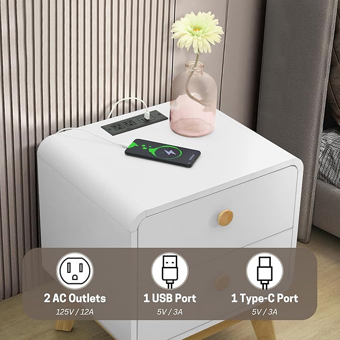 Aries Set of 2 Nightstands with Charging Station, 2 Drawer Bedside Tables with Storage, Night Stands for Bedroom, End Table or Side Table for Living Room, 15.7" x 18.9" x 21.7", White