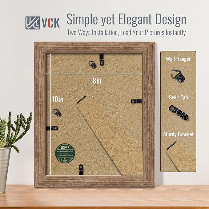VCK 8x10 Picture Frame 5 Pack - Walnut, High-End Wood Poster Frames with Tempered Glass, Display 5x7 Photo with Mat or 8x10 without Mat, Art Gallery-Quality, Wall Hanging/Tabletop, Walnut