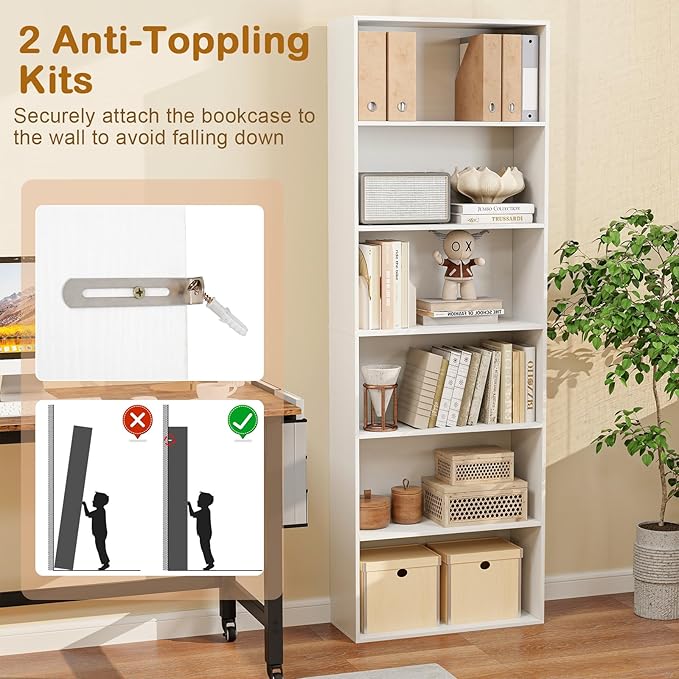 Tangkula 6-Tier Bookcase, 70” Tall Freestanding Bookshelf with 6 Open Shelves, Anti-Toppling Kits, Floor Display Storage Organizer for Living Room, Study, Kitchen, Home & Office (White, 70" H)