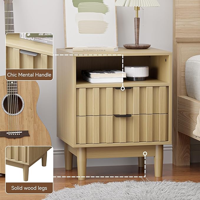 Fluted Nightstand Set of 2 with 2 Drawers, 19" Wide Night Stand with Solid Wood Legs, Open Storage Shelf, Mid Century Modern Wooden Bedside Table for Bedroom, Bed End Side Table, Oak