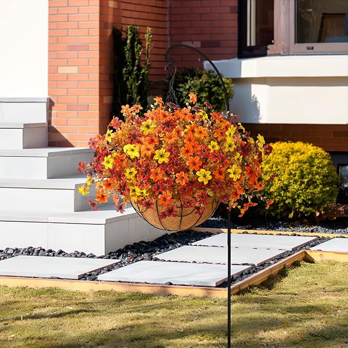 Artificial Flowers Fall Hanging Basket Plants for Outdoor Decorations, Fake Mums Faux Silk Flower UV Resistant Autumn Decor for Outside Garden Patio Front Porch Balcony Window (Orange Brown Yellow)