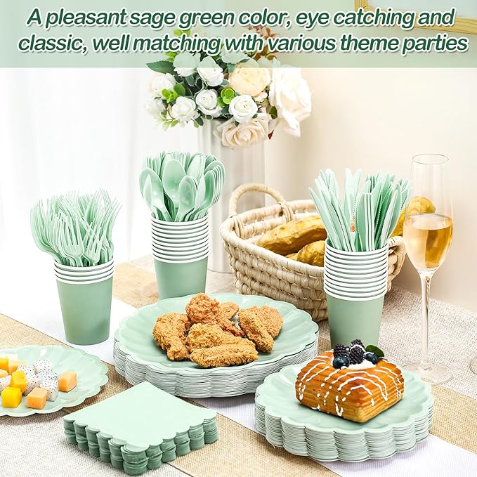 Newtay 350 Pcs Light Green Scalloped Paper Plates Shell Edge Disposable Tableware Cocktail Napkins Cups Plastic Spoons Forks Knives for Wedding Baby Shower Picnic Birthday Party Supply for 50 Guests