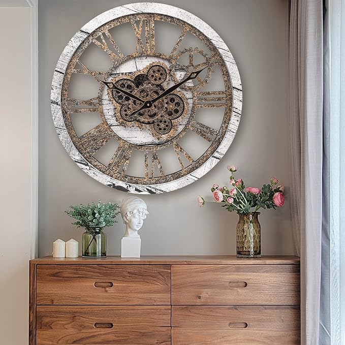 Large 20 Inch Farmhouse Vintage Rustic Moving Gears Oversized Roman Wall Clock for Living Room, Bedroom, Kitchen, Office Decor