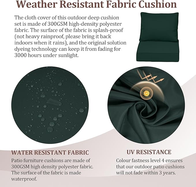 Waterproof Outdoor Chair Cushion Set of 2, 24x24x5 IN Deep Seat Patio Cushions with Fade Resistant Removable Cover,Outdoor Cushions for Patio Furniture with Ties&Handle for Chair Sofa Couch,Dark Green
