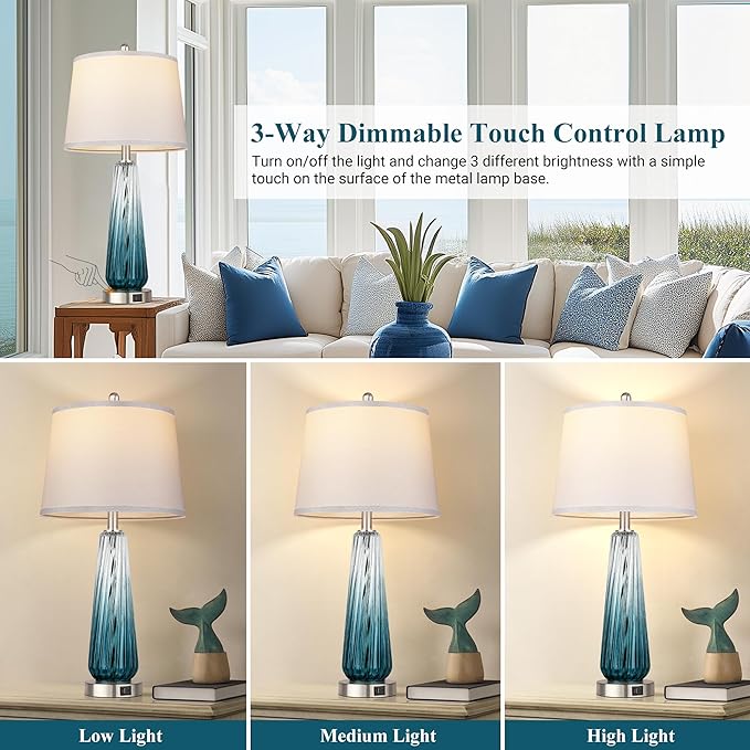 Table Lamps Set of 2 with Touch Control, Modern Glass Bedside Lamps with USB A+C Ports, 3-Way Dimmable Nightstand Lamp with White Fabric Shade, 27.5" Large Lamps for Living Room Bedrooms Decorations