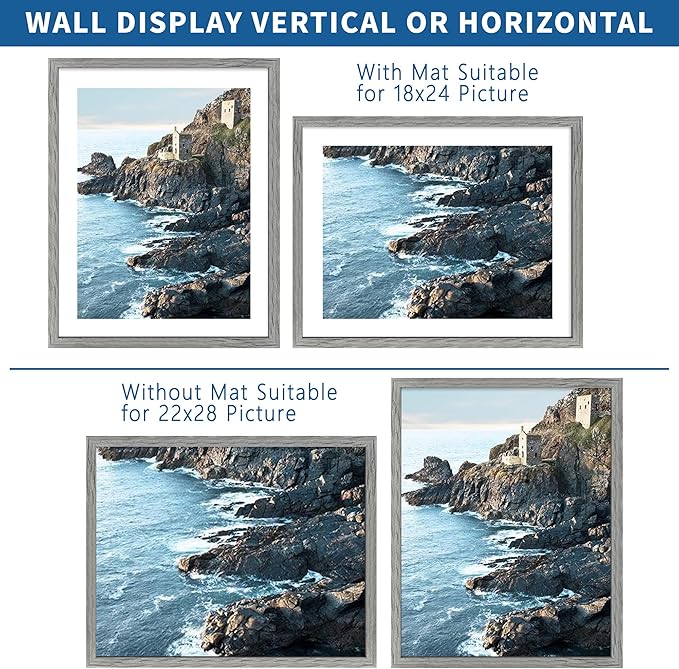 22x28 Frame Set of 2, Rustic Grey Wood Style - Display 18x24 Picture Frame with Mat or 22 x 28 Poster Frame without Mat, Wall Mounting Horizontal and Vertical