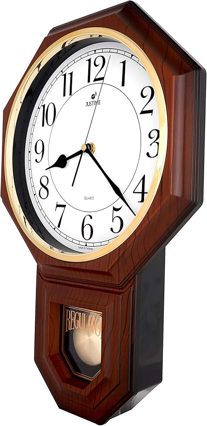 JUSTIME Traditional Schoolhouse Easy to Read Regulator Wall Clock, Chiming Wall Clocks with Pendulum & Westminster Chime Hourly, Schoolhouse Wall Decor Battery Operated (Dark Wood Grain)