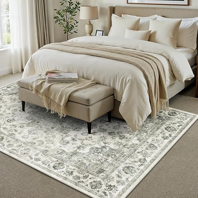 10x12 Neutral Area Rug Green Floral Living Room Bedroom Large Carpet Low Pile Vintage Non-Slip Soft Thin Washable Throw Rug for Dining Room Office Kitchen Indoor Nursery