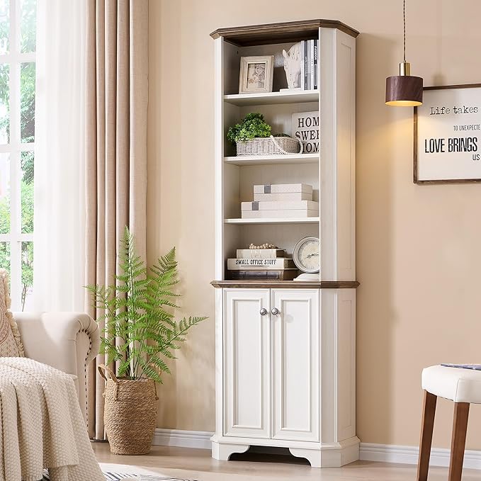 OKD 6-Tier Bookcase with Doors, 72" Tall Farmhouse Bookshelf with Storage & Adjustable Shelves, Wooden Floor Standing Display Book Shelf Organizer for Home Office,Antique White