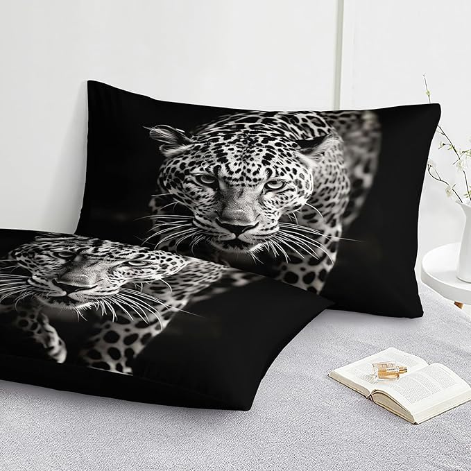 Wild Animal Comforter Set Leopard African Bedding Set Black and White Cheetah Leopard Printed Bedding Safari Animal Tropical King Comforter Set for All Season