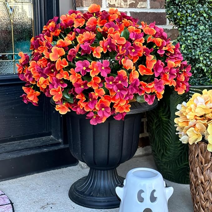Fall Artificial Hanging Flowers with 12" Basket for Outdoor Decor, Fake Hydrangea UV Resistant Arrangements in Pot Planter Decor for Indoor Porch Garden Yard(Orange Brown)