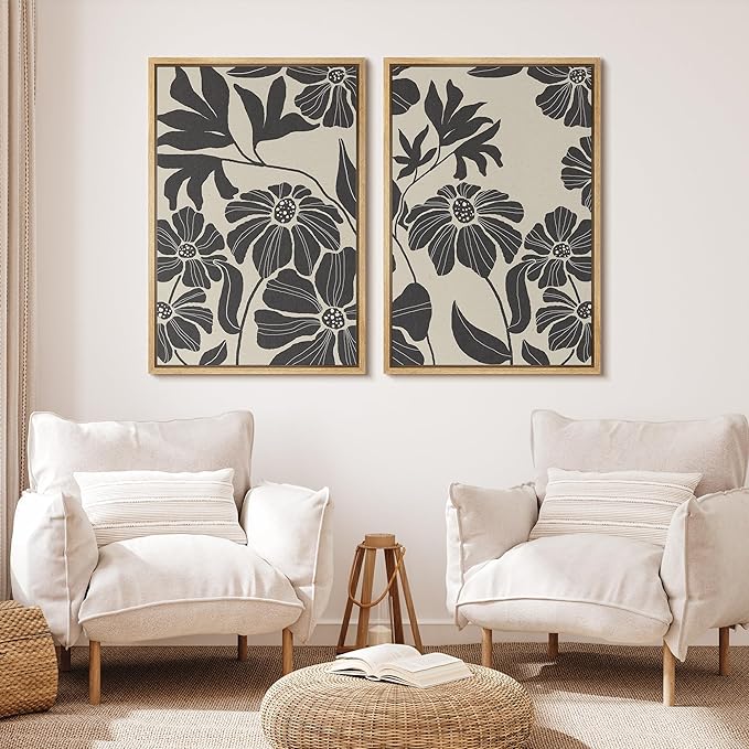 MUDECOR Framed Canvas Print Wall Art Monochrome Floral Botanical Black and White Illustrations Modern Art Decorative Bohemian Colorful Chic for Living Room, Bedroom, Office - 16"x24"x2 Natural
