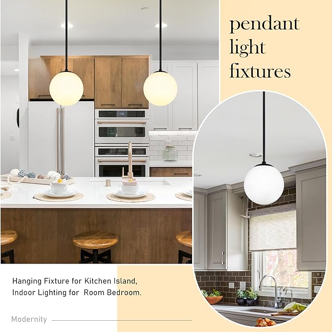 6 Inch Globe Pendant Light Black Mid Century Modern Globe Light Fixture Mid Century Milk Glass Pendant Lamp Matte Black Finished with Milk Glass Lampshade for Kitchen Island