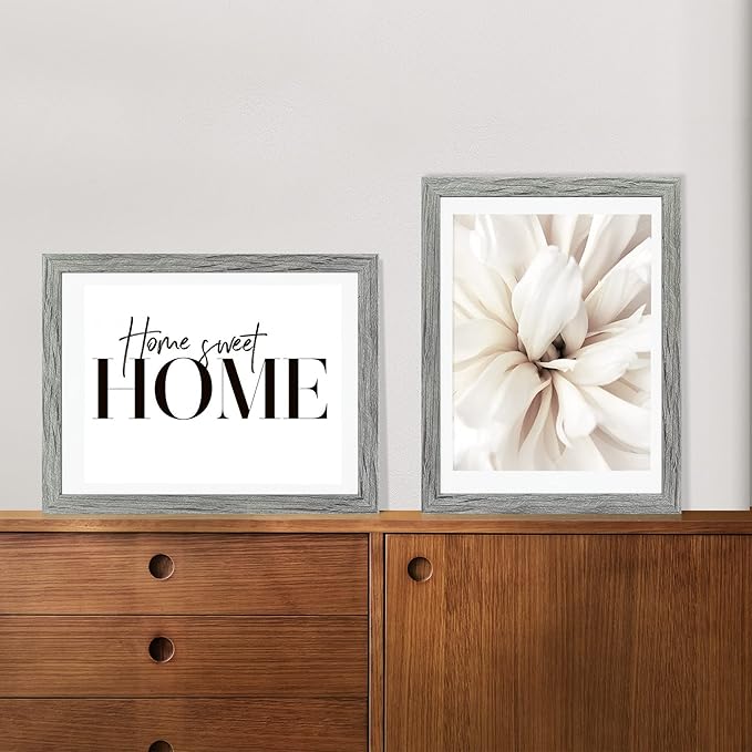 12x16 Picture Frame Set of 2, Rustic Grey Wood Style - Display 12 x 16 Poster without Mat or 11x14 Picture with Mat, Wall Mounting Horizontal and Vertical