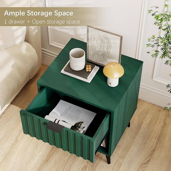 Fluted Nightstand, Natural Wood Nightstand with Drawer and Open Storage, Mid Century Fluted Side Table Modern Bedside Stand with Wood Veneer for Bedroom, Office, Green