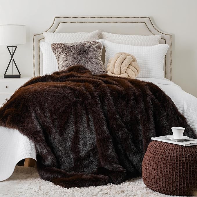 BATTILO HOME Luxury Fluffy Brown Faux Fur Throw Blanket, Cozy Warm Fur Blanket for Couch, Sofa, Chair, Bed, Plush Fuzzy Fur Throws with Long Pile, 50"x60"
