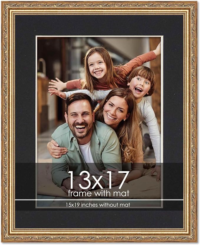 13x17 Frame with Mat - Antique Gold 15x19 Frame Wood Made to Display Print or Poster Measuring 13 x 17 Inches with Black Photo Mat