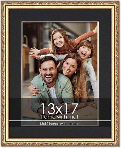 13x17 Frame with Mat - Antique Gold 15x19 Frame Wood Made to Display Print or Poster Measuring 13 x 17 Inches with Black Photo Mat