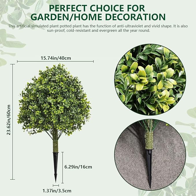 Fake Bushes Outdoors Topiary Trees Set of 2-23.6'' Artificial Shrubs Boxwood Balls with Ground Spikes for Front Porch Decor, Faux Plants UV Resistant Fake Evergreen Tree for Home Decor