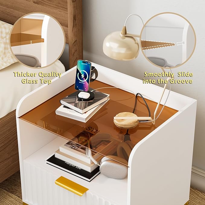 Fluted Nightstand with Charging Station and Glass Top, Modern Bedside Table with Metal Legs, Wood End Table for Bedroom, Living Room (White)