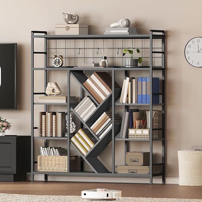 Industrial Triple 5-Tier Bookshelf, Large Wide Bookcase with 20 Open Display Shelves, Modern Tree Bookcase Metal Frame Bookshelf with Hanging Function for Living Room Home Office, Black