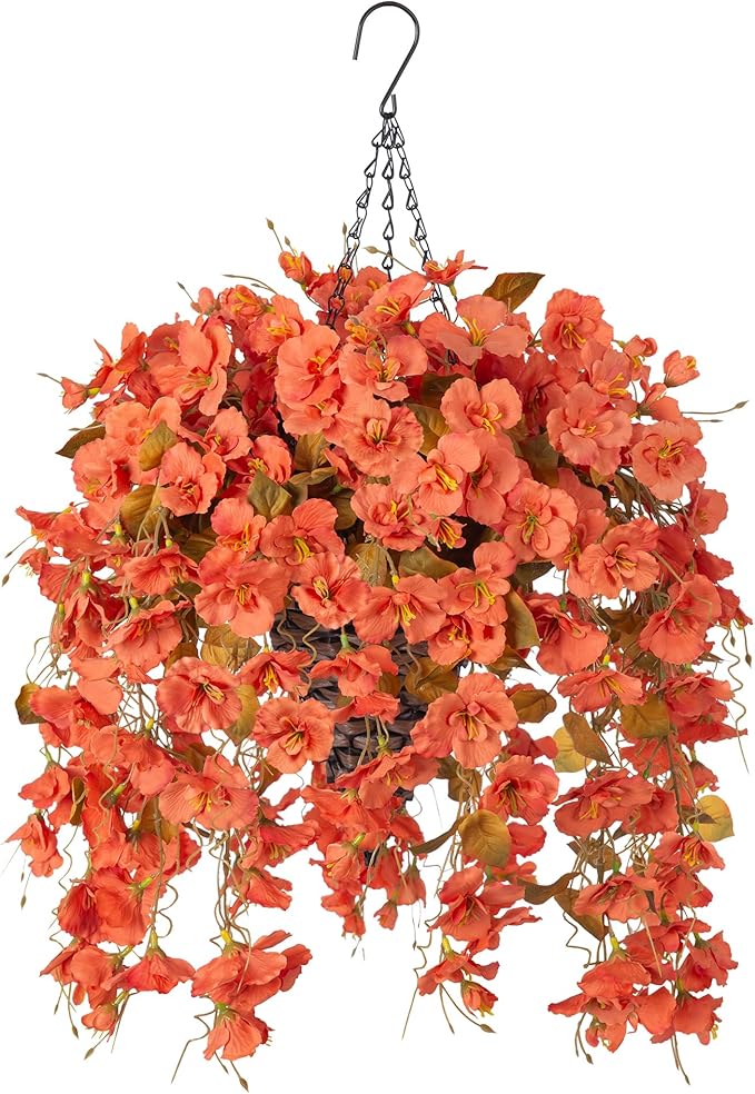 Ivydale Fall Artificial Hanging Flowers with Basket for Outdoors Decoration, Realistic Fake Hibiscus Vines Faux Plants Silk Flowers for Planters Outside Home Patio Porch Balcony, Fall Orange