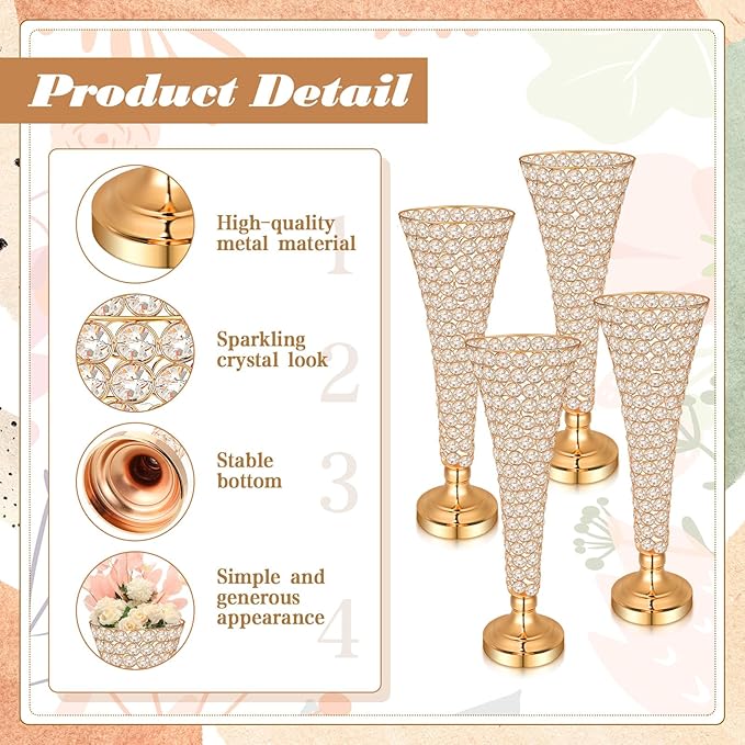 Rtteri 4 Pcs 20 Inch Tall Crystal Vase for Centerpieces Wedding Metal Crystal Trumpet Flower Vase Stand for Table Floor Wedding Party Favor Banquet Celebration, Classic Elegance(Gold)