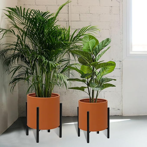 ARNIS Modern Plant Pots, Set of 2 Large Planters with Stand, Decorative Planters, Metal Pots with Drainage Holes for Living Room, Office, Garden or Balcony, 8.25 &10.5 Inch