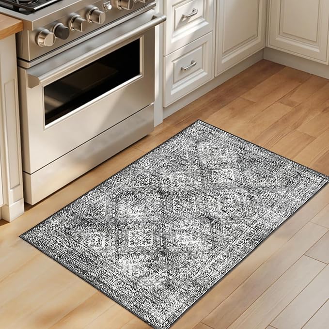 MIULEE 2x3 Washable Entry Rug Door Mat Indoor Entrance, Small Rug for Kitchen Bathroom Bedroom, Non-Slip Stain Resistant Throw Carpet Boho Entryway Decor, Black