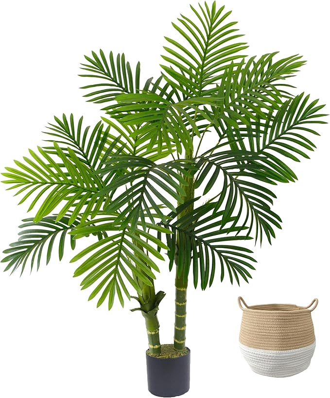 Artificial Palm Tree, 4ft Golden Cane Fake Palm Plant with Basket, Phoenix Palm UV Resistant Faux Plants for Indoor Outdoor Home Garden Patio Office Décor