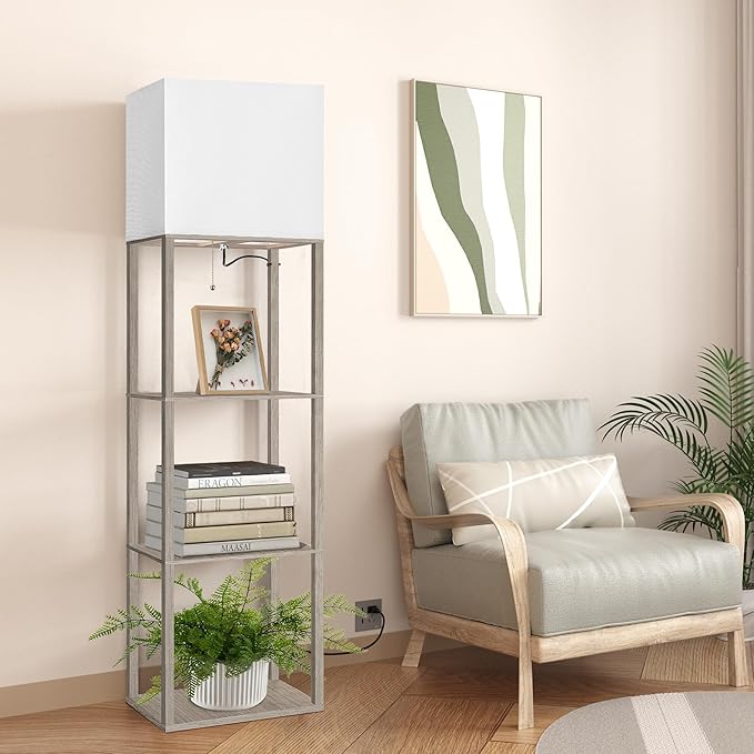 Dott Arts Floor Lamp with Shelves, Wide Floor Lamps for Living Room Display Shelf Lamps with 3 Color LED Bulb,Storage Wood Modern Floor Lamp for Bedroom Standing Lamp for Living Room Office（Grey）