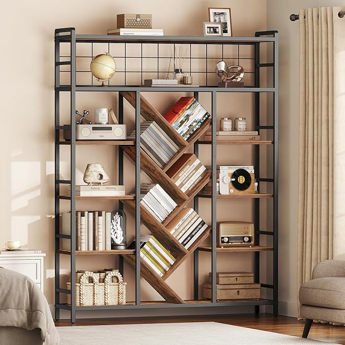 Triple 6-Tier Bookshelf, Industrial Large Bookcase with 18 Open Display Shelves, Modern Tree Bookcase with Metal Frame and Hanging Function for Living Room, Home Office, Rustic Brown and Black