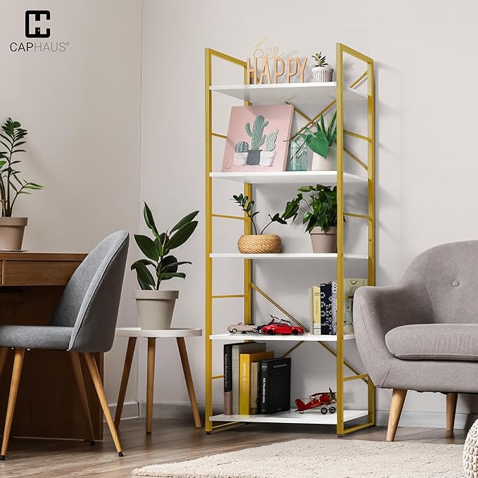 CAPHAUS 5 Tier Bookshelf, 24 Inch Width Free Standing Shelf, Bookcase Shelf Storage Organizer, Industrial Book Shelves for Home Office, Living Room, Kitchen, White Wooden Shelves & Gold Frame