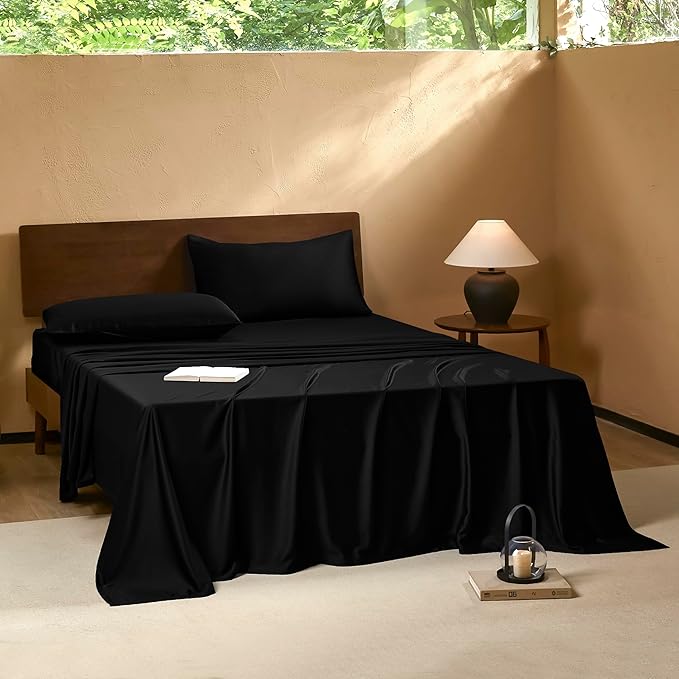 EVERLY King Sheets Set,Luxuriously 400 Thread Count Organic Viscose Derived from Bamboo Bed Sheet,Cooling Sheets for King Size 4 Piece Deep Pockets Bedding Sheets &Pillowcases-Black