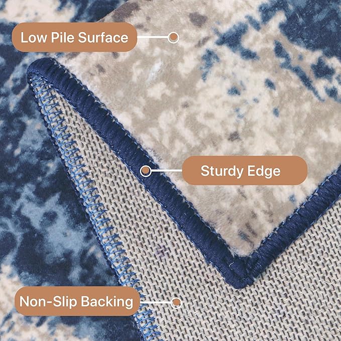 GENIMO Washable Area Rugs for Living Room Bedroom, 10x14 Modern Abstract Non Slip Rug, Low Pile Soft Contemporary Indoor Floor Carpet Cover for Dining Room Kitchen, Blue&Gray