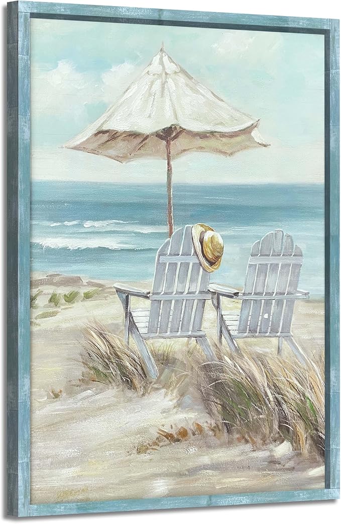 Rustic Coastal Framed Wall Art - Abstract Beach Chair Picture Ocean Painting Prints Calming Seascape Wooden Artwork Decor for Living Room