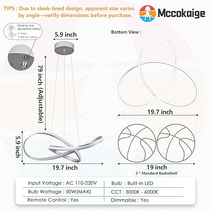 Modern LED Pendant Light Fixture Contemporary Ring Chandelier Nickel with 3000K-6000K Dimmable Remote Control and 79in Height Adjustable for Foyer Living Room Bedroom Dining Room