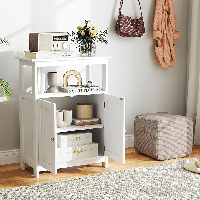 GOFLAME Bathroom Cabinet, Floor Storage Organizer with 2 Doors, 2 Open Shelves, 3-Level Adjustable Shelf, Modern Storage Unit for Laundry Room, Entryway, Living Room, White