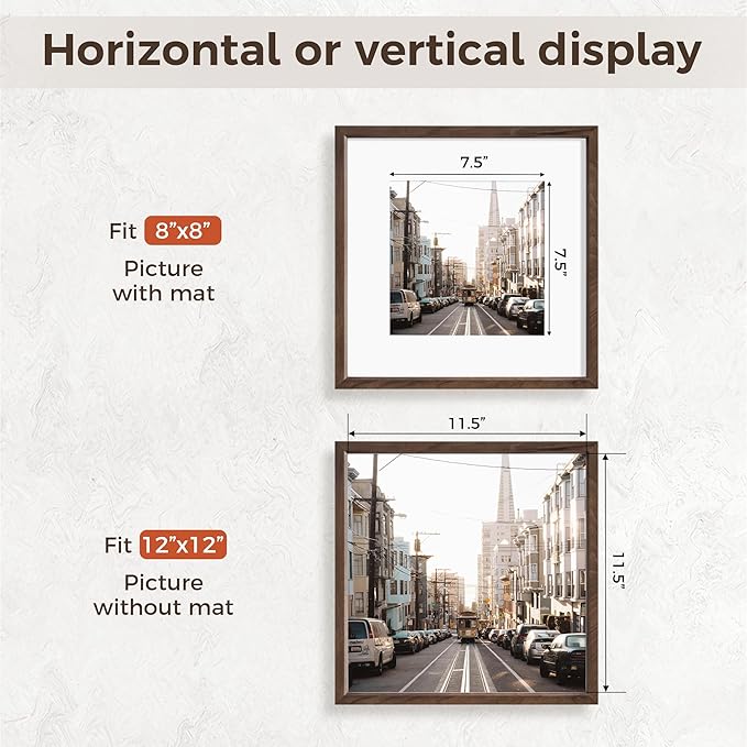 12x12 Picture Frame, Solid Walnut Wood Photo Frame with Tempered Glass, Handcrafted Rounded Corner 12 x 12 Wooden Frame Matted to 8x8 Photos, Horizontal or Vertical Wall Mounting