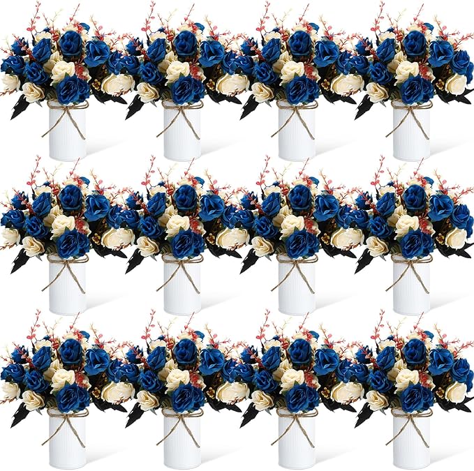 Domensi 12 Sets Wedding Centerpiece for Table Artificial Rose with Vase Fake Bouquets and Metal Pot Floral Arrangements for Holiday Party Event Table Decor (Dark Blue)