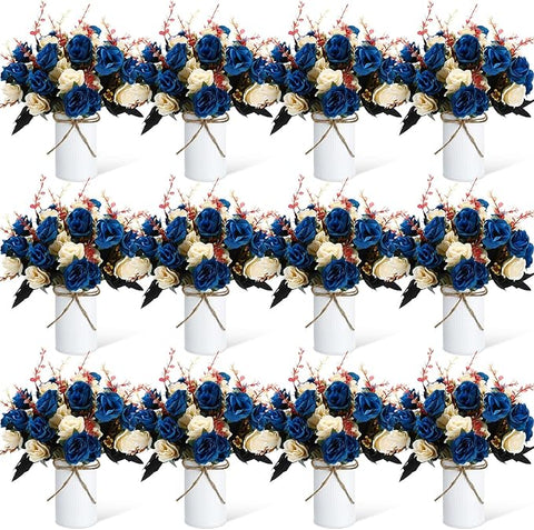 Domensi 12 Sets Wedding Centerpiece for Table Artificial Rose with Vase Fake Bouquets and Metal Pot Floral Arrangements for Holiday Party Event Table Decor (Dark Blue)