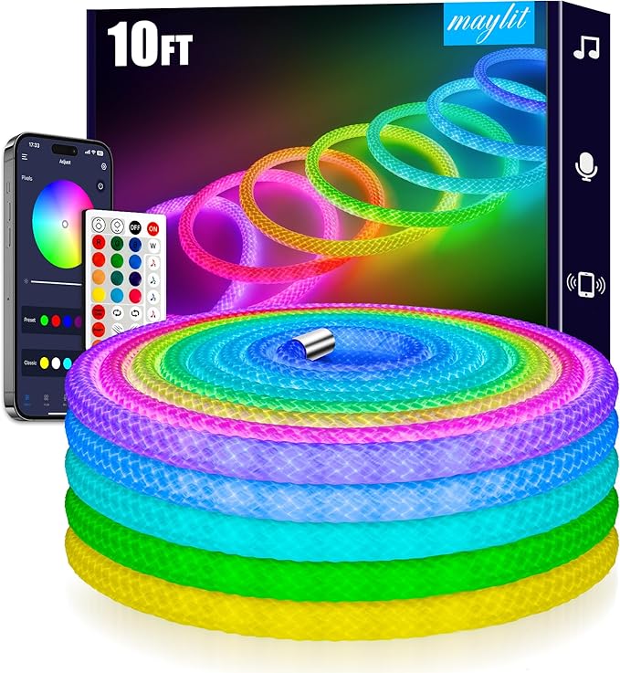 maylit 360 Degree Luminous Reticulate Weave Rope Lights, 10ft Addressable ICRGB LED Strip Lights, Music Sync, DIY Design, USB Powered Flexible LED Lights for Gaming Room Living Bedroom Wall Decor