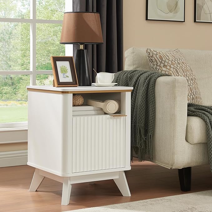QUW Fluted Nightstand Set of 2 with Charging Station, 18" Modern Side Table, Bedside Table with Open Storage and Cabinet, End Table for Bedroom, Living Room, White
