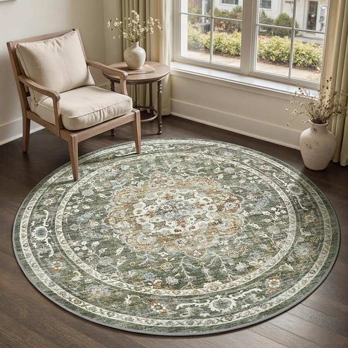 PADOOR-Vintage 6FT Round Rug-Rugs for Living Room-Soft Olive Green Circle Rug-Machine Washable Rugs for Bedroom-Non Slip Carpet-Rug for Dining Room Living Room Bedside Office