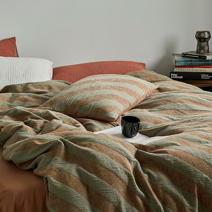 VM VOUGEMARKET Green Striped Duvet Cover Queen Linen Cotton Bedding Set Jacquard Brown Diagonal Stripes Duvet Cover Set Without Filling 90x90 Inch
